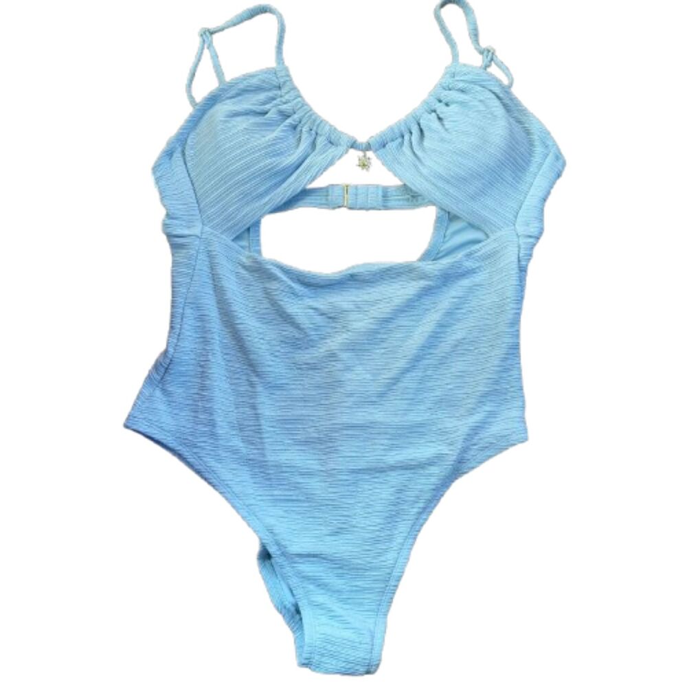 Shade & Shore NWOT Blue Crinkle Tunneled Sun Charm One Piece Swimsuit Size L - Picture 2 of 7